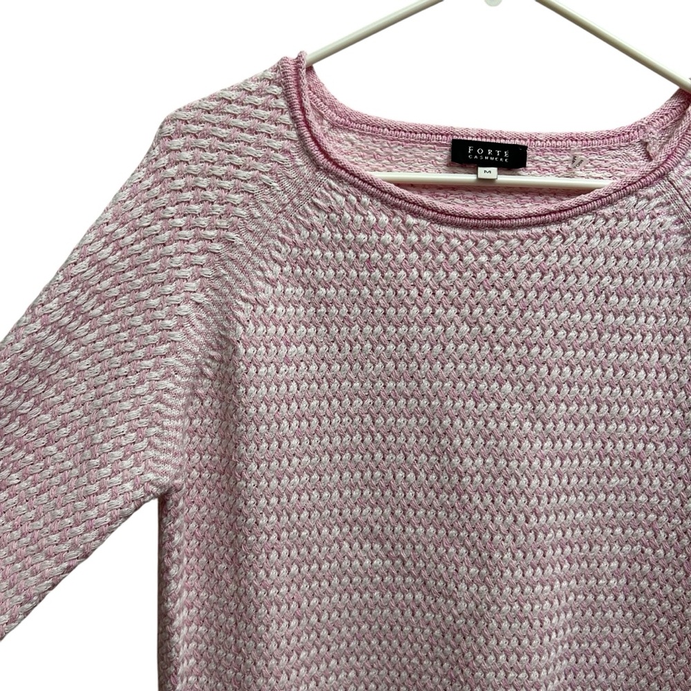 Forte Cashmere Pink Cotton Textured Knit Fringe Hem Sweater